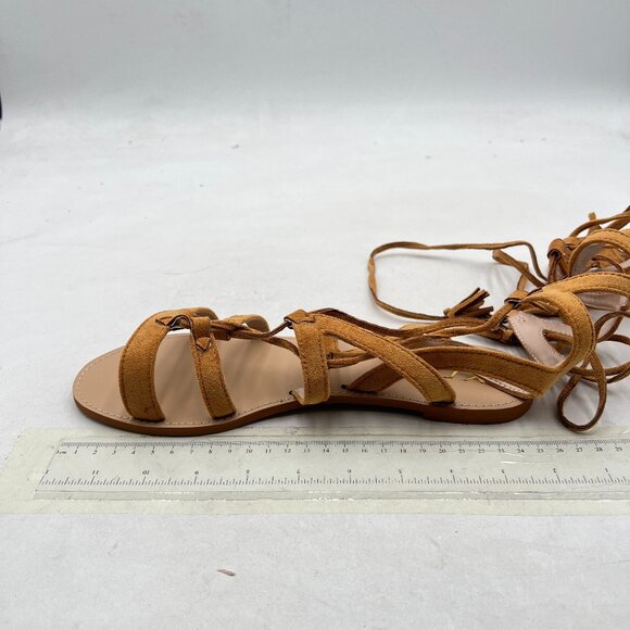 YDN Tan Sexy Knee High Lace up Flats Fringe Gladiator Strap Sandals - Picture 2 of 8